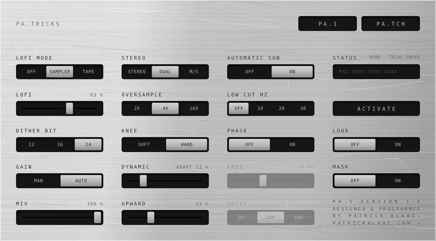 PA.1 PA.TRICKS page with lofi, oversampling, automatic sub and loudness controls.