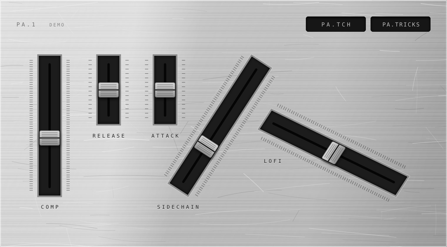 PA.1 main page: a brushed silver plate with five faders punched into the shape of the Patrick Alavi logo, labelled COMP, RELEASE, ATTACK, SIDECHAIN and LOFI.