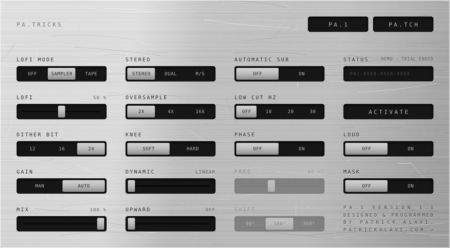 PA.1 PA.TRICKS page with lofi, oversampling, automatic sub, loudness and license controls.